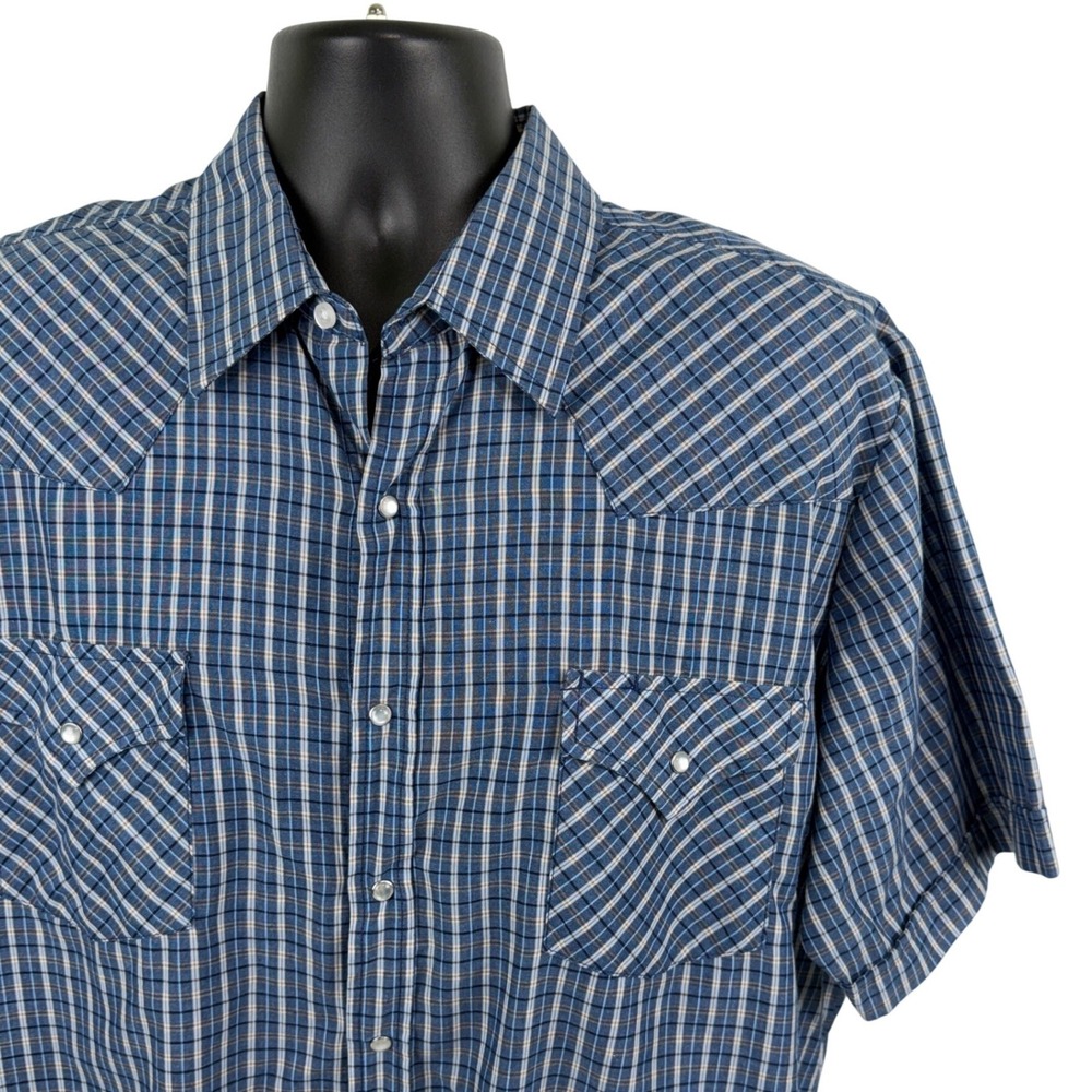Ely Cattleman Mens XL Blue Plaid Short Sleeve Pearl Snap Western Shirt